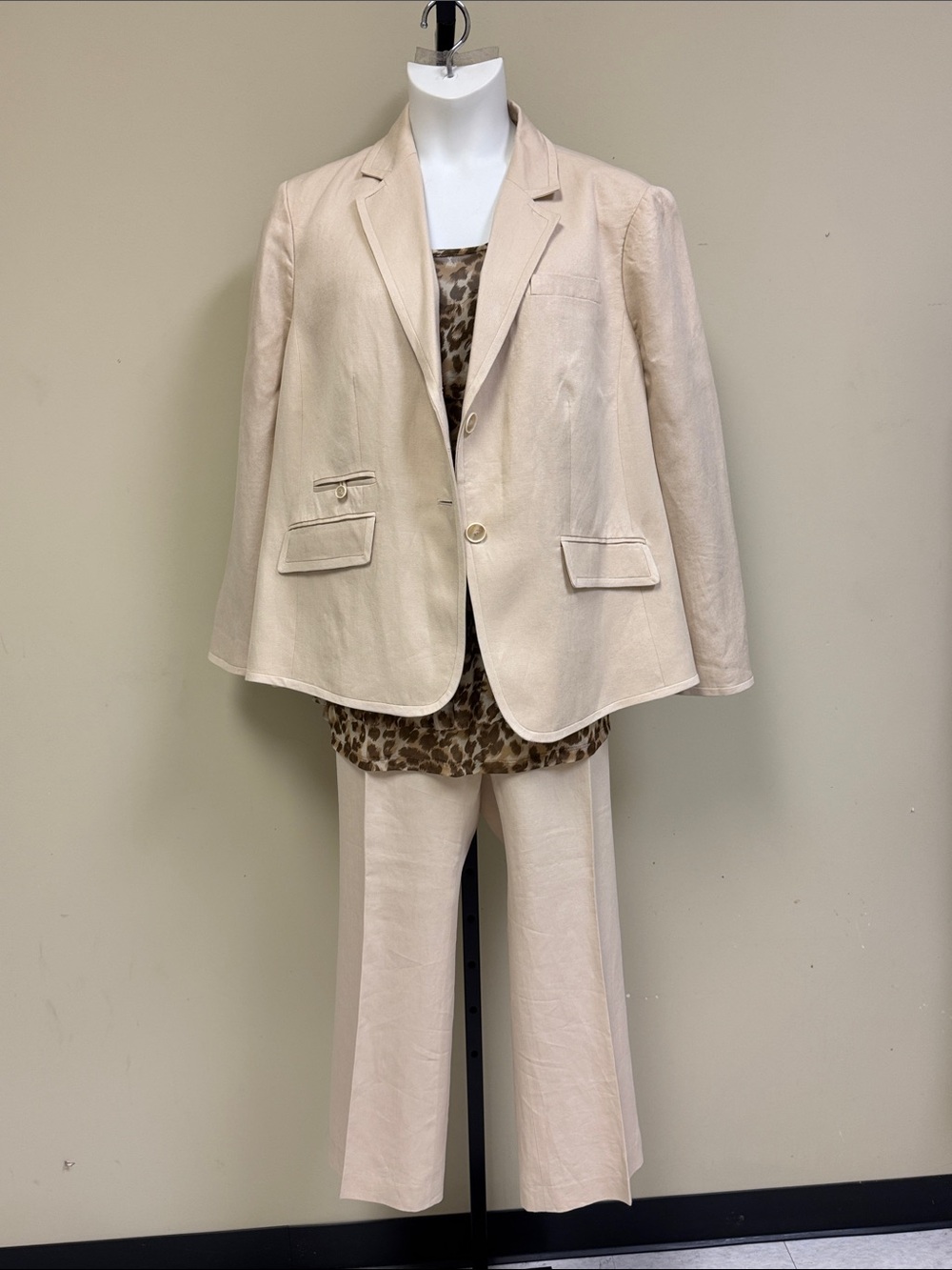 Talbots Light Cream Suit with leopard print top